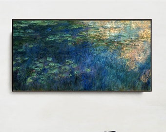 May include: A framed painting of a water scene with lily pads and a blue and green color scheme. The painting is hanging on a white wall above a wooden bench with a black hat on top.