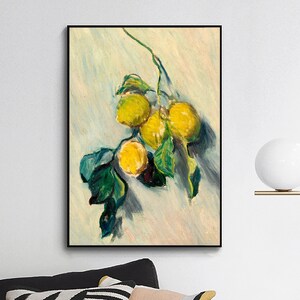 May include: A painting of a branch of lemons with green leaves on a light blue background. The lemons are yellow and have a textured surface.