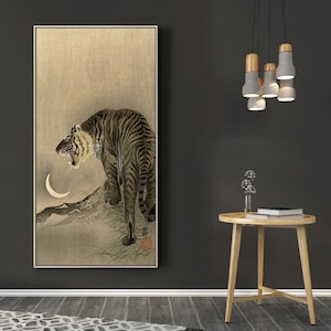Tiger and Crescent Moon by Ohara KosonVintage Japan Poster,Japanese print,Ukiyoe Art,Woodblock reprints, giclée print,Custom size available