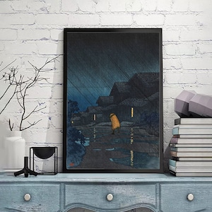 Night Rain at Teradomari de Kawase Hasui-Vintage Japan Poster, impresión de bellas artes japonesa, reimpresiones en madera, impresión giclée, tamaño personalizado disponible