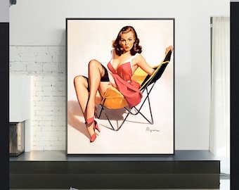 May include: A vintage style illustration of a woman in a pink dress and red heels sitting in a black and yellow butterfly chair.