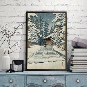 Konjikido in Snow, Hiraizumi by Kawase Hasui-Vintage Japan Poster,Japanese fine art print,Ukiyoe Art, giclée print,Custom size available