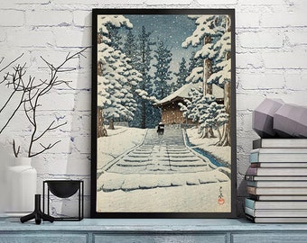 川瀬巴水作「平泉雪の金色堂」日本美術版画、木版画、ジクレー
