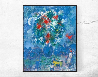 マルク・シャガール展ポスター - 飛んでいる恋人たちの花束 - 花 - 青