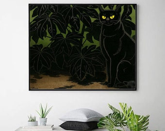 稲垣智雄による日本のアートプリント「猫とダリア」、木版画