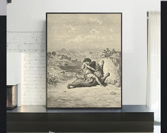 Peut inclure: Impression encadrée en noir et blanc représentant une scène classique d'un homme luttant contre un grand animal. L'œuvre présente des ombres détaillées et un arrière-plan paysager, créant une esthétique dramatique et historique.