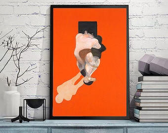 May include: A framed print of a painting depicting a nude figure in a contorted pose against a bright orange background. The figure is partially obscured by a black rectangle.