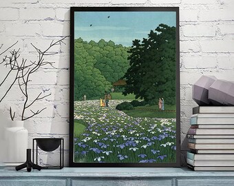 川瀬巴水作「菖蒲の花」、木版画、ジクレー、版画、アジア美術、風景画