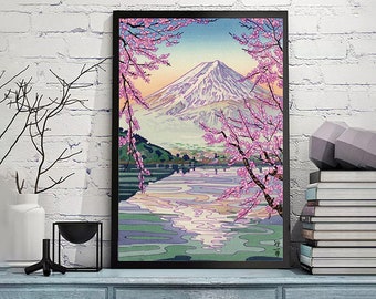岡田幸一作「河口川沿いの富士山」-ヴィンテージ日本ポスター、浮世絵