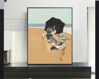 May include: A painting of a nude figure reclining on a beach under a black umbrella. The figure is wearing a hat and a green scarf. The painting is set against a blue sky and a sandy beach. The painting is titled "The Dream" by Salvador Dalí.