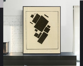 May include: A black and white abstract geometric art print in a black frame. The print features a series of overlapping squares and rectangles arranged in a diagonal pattern.