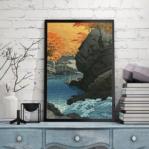 Tengu Rock, Shiobara autorstwa Kawase Hasui-Vintage Japan Poster,Japan Print,Sztuka Ukiyoe,Przedruki drzeworytów, druk giclée,Dostępny rozmiar niestandardowy