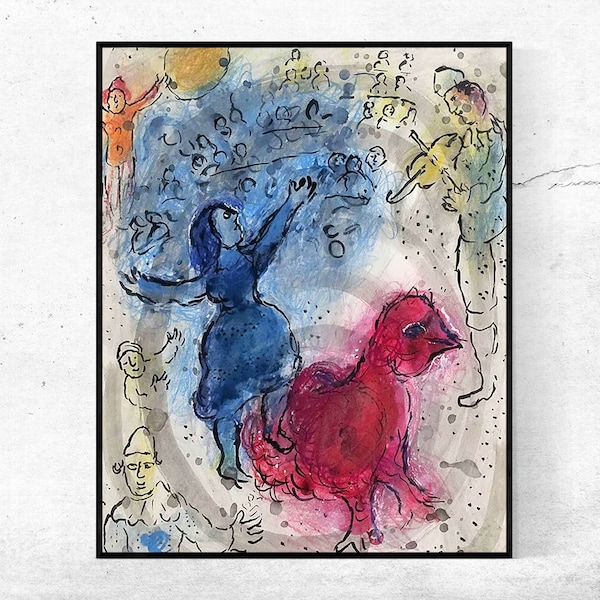 L'ecuyere bleue au coq rouge, 1973-Marc Chagall,Home office decor,NY Exhibition Print,canvas Wall Art poster,Custom sizes available
