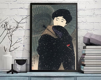 伊藤深水作「吹雪」日本美術版画、木版画、ジクレー、版画、美術