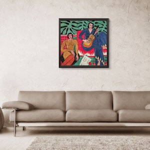 May include: A framed painting depicting two women, one playing a guitar, the other seated with a book. The painting is set against a backdrop of green leaves and a red and white patterned rug.