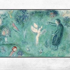 Puede incluir: Una pintura que representa una escena con una figura con una túnica azul, una figura alada y pájaros en un paisaje verde. La pintura está realizada en un estilo caprichoso con colores vibrantes.