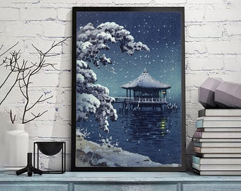 土屋幸一作「浮御堂の雪、堅田」日本美術版画、木版画、ジクレー、版画