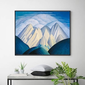 May include: A painting depicting a mountain range with white peaks and blue valleys. The sky is a light blue with white clouds.