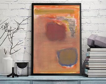 Puede incluir: Pintura abstracta en un marco negro con un esquema de color marrón, naranja, rojo y azul. La pintura presenta dos cuadrados superpuestos con una franja horizontal en la parte superior.