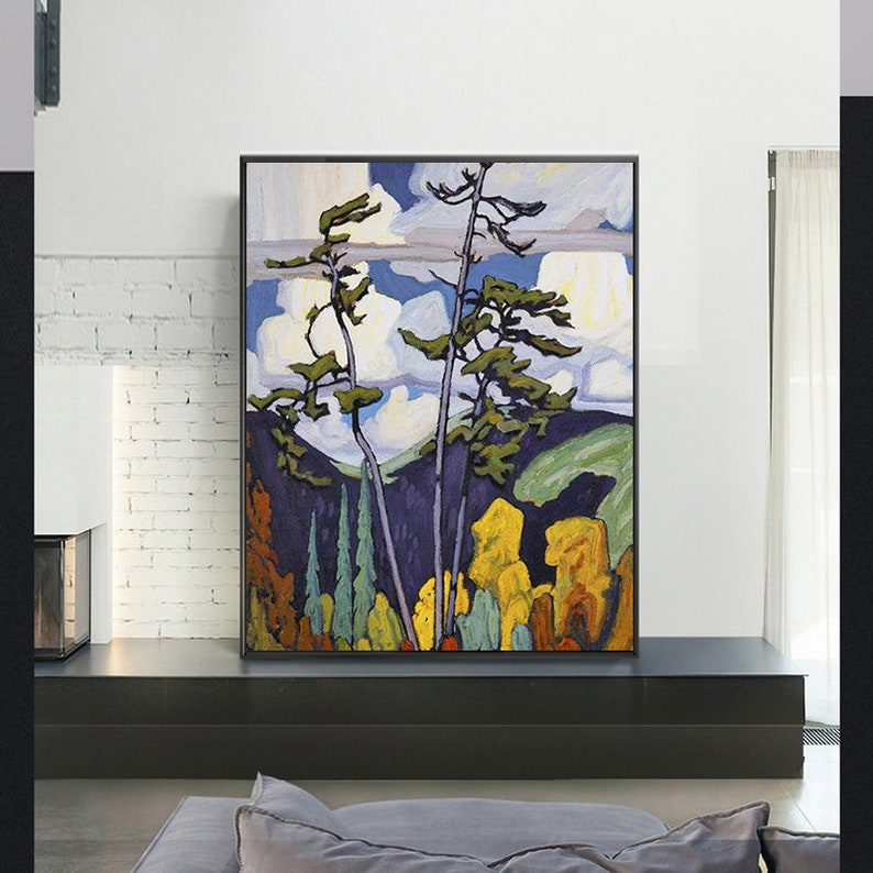 May include: A painting of a forest scene with tall trees and a blue sky with white clouds. The trees are painted in a stylized, almost abstract way, with long, thin trunks and branches. The colors are bright and vibrant, with shades of green, blue, yellow, and purple.