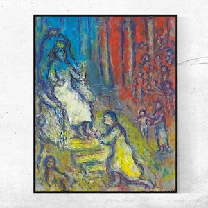 以下が含まれることがあります： 王冠をかぶった白いドレスを着た女性が玉座に座っている絵画。黄色いドレスを着た人が彼女の前にひざまずいている。背景は鮮やかな青と赤で、遠くには人々の群衆が見える。