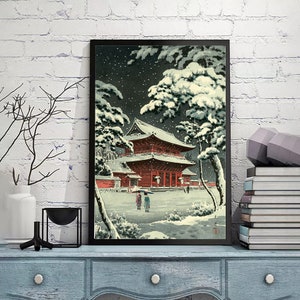 Świątynia Zozoji w śniegu autorstwa Tsuchiya Koitsu-Vintage Japan Poster, wydruk artystyczny, sztuka Ukiyoe, przedruki drzeworytów, wydruk giclée, dostępne rozmiary niestandardowe