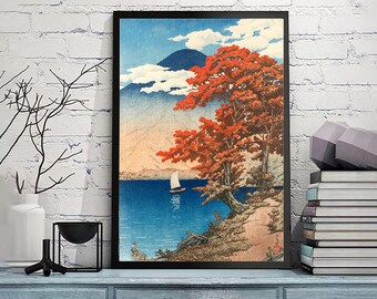 川瀬巴水作「日光中禅寺湖」、木版画、ジクレー、版画、文化芸術