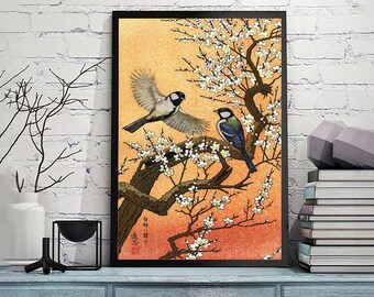 吉田敏による四季の鳥シリーズより「春」の日本美術版画、木版画
