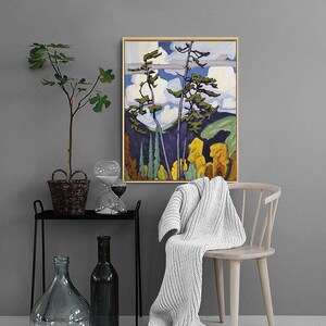 May include: A painting of a forest scene with tall trees and a blue sky with white clouds. The trees are painted in a stylized way, with long, thin trunks and rounded crowns. The colors are bright and vibrant, with shades of green, yellow, and blue.
