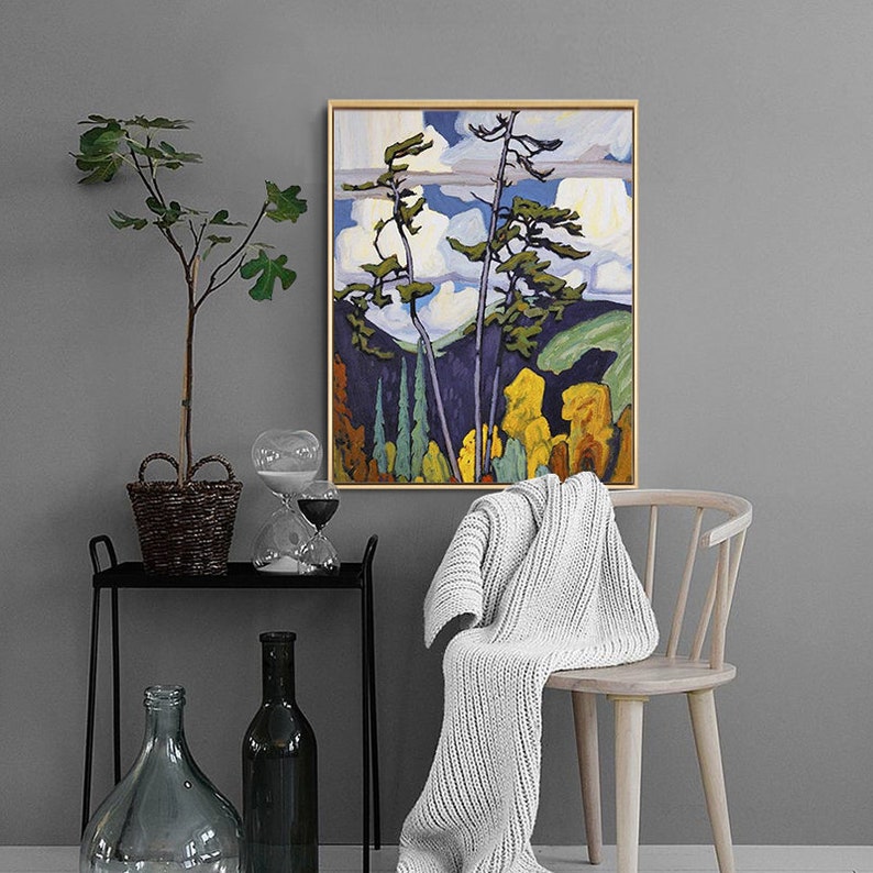May include: A painting of a forest scene with tall trees and a blue sky with white clouds. The trees are painted in a stylized way, with long, thin trunks and rounded crowns. The colors are bright and vibrant, with shades of green, yellow, and blue.