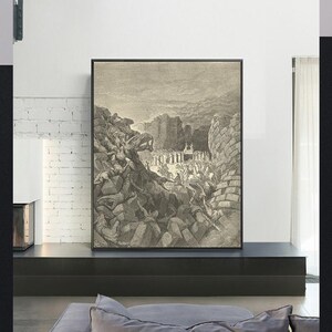 The Wallls Of Jericho Falling Down-Gustave Doré, antieke muurkunst, vintage religieuze giclee-kunstdruk, bijbelverskunst, aangepaste maten beschikbaar