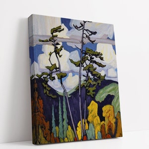 May include: A painting of a forest scene with tall trees and a blue sky with white clouds. The trees are painted in a stylized way, with long, thin trunks and green leaves. The sky is a bright blue, and the clouds are white and fluffy. The painting is done in a style that is reminiscent of the Group of Seven, a group of Canadian artists who were active in the early 20th century.