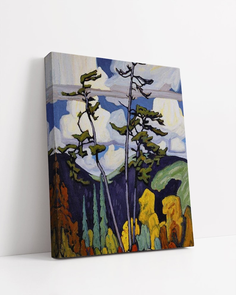 May include: A painting of a forest scene with tall trees and a blue sky with white clouds. The trees are painted in a stylized way, with long, thin trunks and green leaves. The sky is a bright blue, and the clouds are white and fluffy. The painting is done in a style that is reminiscent of the Group of Seven, a group of Canadian artists who were active in the early 20th century.