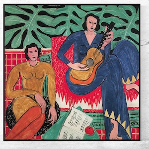 May include: A painting depicting two women, one playing a guitar and the other seated with a sheet of music. The artwork is executed in a vibrant style with strong lines and shapes. The background features green foliage and a red patterned surface.