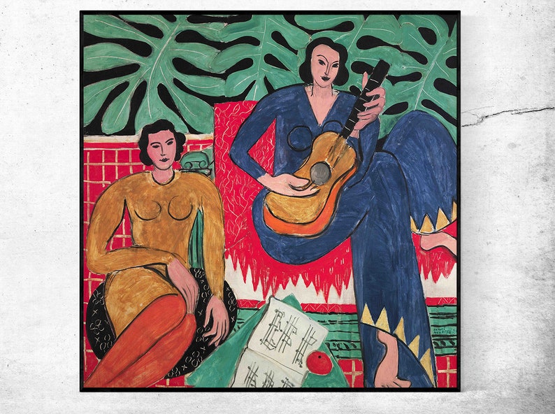 May include: A painting depicting two women, one playing a guitar and the other seated with a sheet of music. The artwork is executed in a vibrant style with strong lines and shapes. The background features green foliage and a red patterned surface.