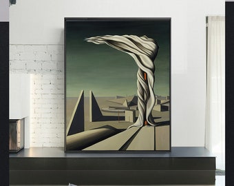 May include: A surrealist painting depicting a white, draped figure standing on a platform in a desert landscape. The figure is twisted and contorted, with a red and orange line running through its center. The background is a muted green and brown, with several geometric structures in the distance.