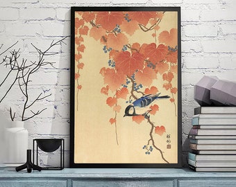 小原古邨による日本のアートプリント「鳥と赤い蔦」、木版画