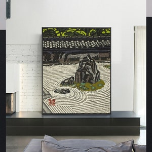 Jardín en Ryuanji por Hashimoto Okiie Vintage Japan Poster, impresión japonesa, arte Ukiyoe, reimpresiones en madera, impresión giclée, tamaño personalizado disponible
