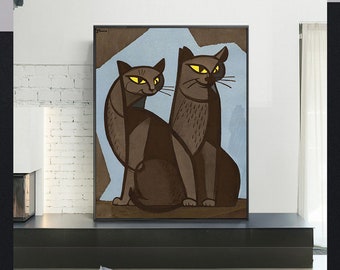 稲垣智雄による日本のアートプリント「猫とダリア」、木版画