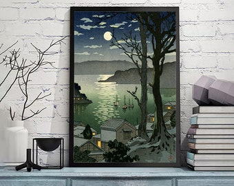 川瀬巴水作「松島二子の月の出」日本美術版画、木版画、ジクレー、版画