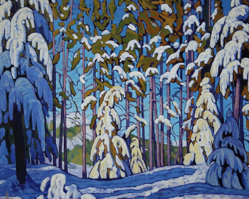K&ouml;nnte beinhalten: Ein Gem&auml;lde, das eine schneebedeckte Waldszene mit hohen, schlanken B&auml;umen zeigt, die mit wei&szlig;em Schnee bedeckt sind. Die B&auml;ume sind in Blaut&ouml;nen, Gr&uuml;n- und Braunt&ouml;nen gemalt, und der Schnee ist strahlend wei&szlig;. Der Himmel ist strahlend blau.