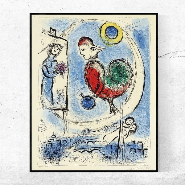 Le coq sure Paris-Marc Chagall,Home office decor,NY Exhibition Print,canvas Wall Art poster,Dimensioni personalizzate disponibili