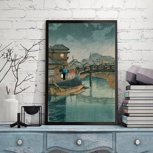 Rainy Season at Ryoshimachi, Shinagawa by Kawase Hasui-Vintage Japan Poster,Ukiyoe Art,Woodblock reprints,giclée print,Custom size available