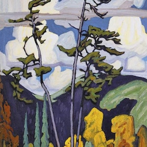 May include: A painting of a forest scene with tall, slender trees in the foreground. The trees are painted in shades of green, blue, and purple, and the background is a hazy blue with white clouds. The painting has a stylized, almost abstract feel.