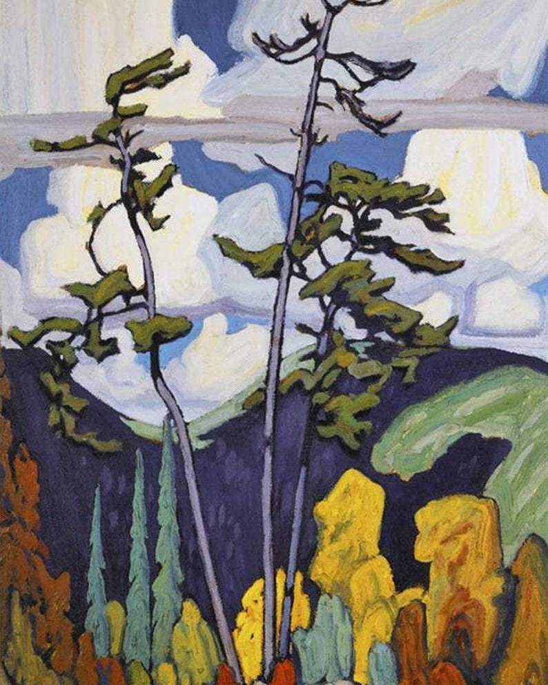 May include: A painting of a forest scene with tall, slender trees in the foreground. The trees are painted in shades of green, blue, and purple, and the background is a hazy blue with white clouds. The painting has a stylized, almost abstract feel.