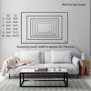Pu&ograve; includere: Una guida alle dimensioni dell'arte da parete, che mostra diverse dimensioni di opere d'arte incorniciate su una parete sopra un divano bianco. Le dimensioni sono indicate in pollici e centimetri. Il testo "Assuming couch width is approx 2m/78inches" &egrave; anche incluso.