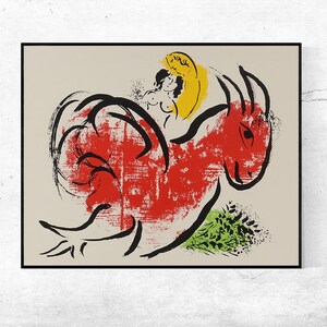 May include: A red rooster with a yellow and black figure on its back. The rooster is outlined in black and has a green and black background.