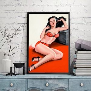Pin-Up inRedLingerie-PETER DRIBEN,Giclee Repro Print,Retro Deco Pin-Up,American pin up girl,Home Office Decor,Wall Art,Custom size available
