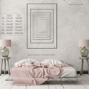 May include: A guide to wall art sizes for a queen-sized bed, which is 60 inches or 152 centimeters wide. The guide shows different sizes of wall art in inches and centimeters, including XS, S, M, L, XL, and XXL.