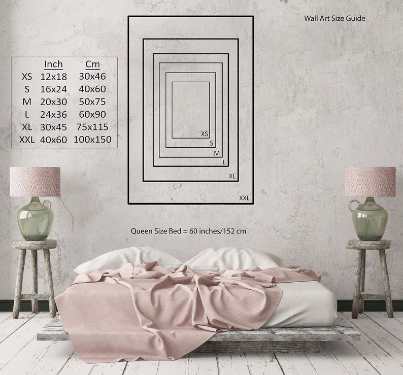 May include: A guide to wall art sizes for a queen-sized bed, which is 60 inches or 152 centimeters wide. The guide shows different sizes of wall art in inches and centimeters, including XS, S, M, L, XL, and XXL.